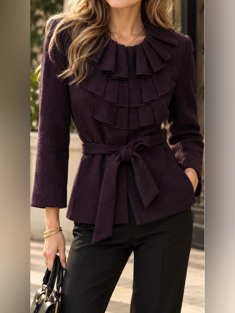 LOFT Wool Blend Deep Plum Ruffle-Front Belted Blazer Jacket Size 12